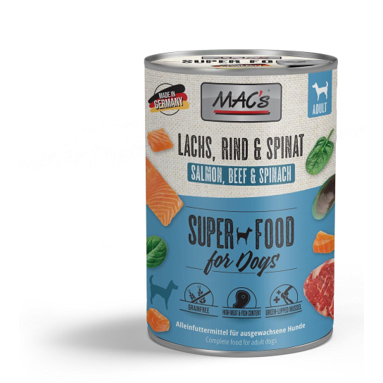 MAC'S DOG ADULT - за пораснали кучета, Сьомга, Говеждо и Спанак, консерва 400г - - Zoolink MAC'S DOG ADULT - за пораснали кучета, Сьомга, Говеждо и Спанак, консерва 400г - - Zoolink