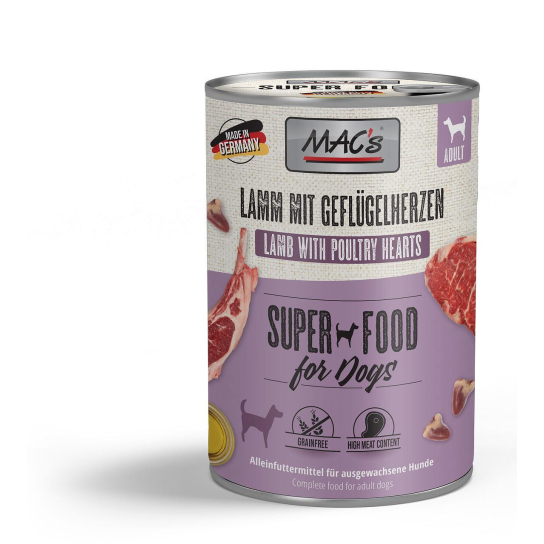 MAC'S DOG ADULT - за пораснали кучета, Агне и Пилешки сърца, консерва 400г -  - Zoolink