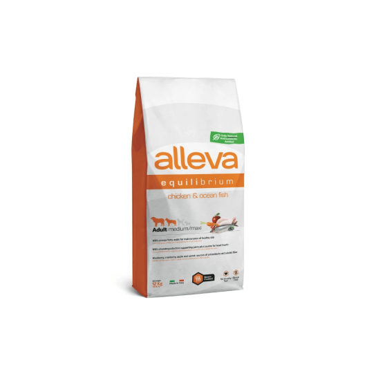 Храна за кучета alleva equilibrium all day maintenance adult medium/maxi с пиле и океанска риба 12кг -  - Zoolink