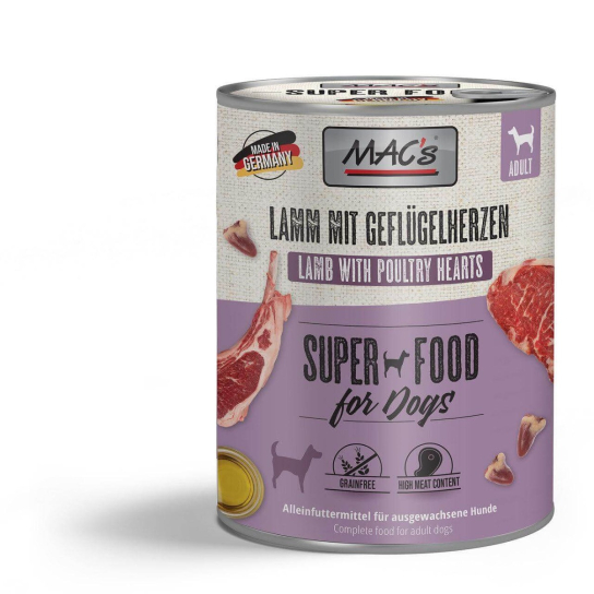 MAC'S DOG ADULT - за пораснали кучета, Агне и Пилешки сърца, консерва 800г -  - Zoolink