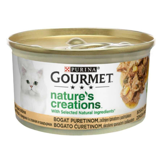 Purina Gourmet Nature's Creations за котки в зряла възраст, Пуйка и спанак, Мокра храна, 85g - - Zoolink Purina Gourmet Nature's Creations за котки в зряла възраст, Пуйка и спанак, Мокра храна, 85g - - Zoolink