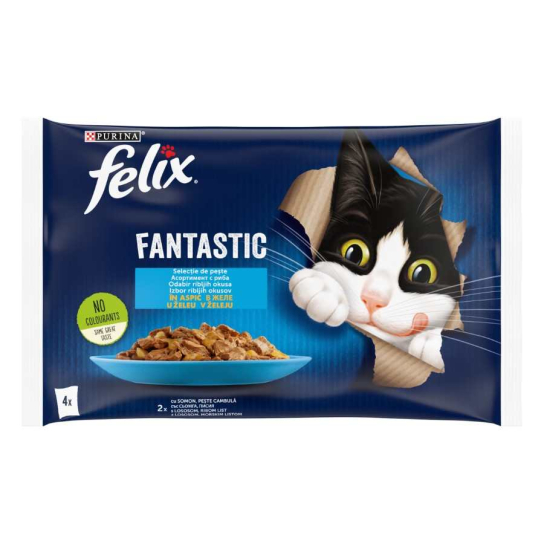 Purina Felix Fantastic за котки в зряла възраст, Асортимент с риба в желе, Сьомга и Писия, 4х85g -  - Zoolink