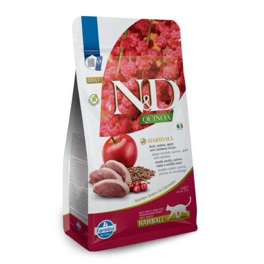 N&D QUINOA CAT HAIRBALL – котки над 1г. срещу космени топки, с киноа, патешко и боровинки, 1.5кг -  - Zoolink