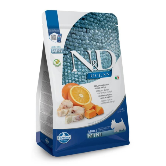N&D OCEAN DOG ADULT MINI - за кучета над 1г. от дребни породи, с Риба Треска, тиква и портокал, 800г -  - Zoolink