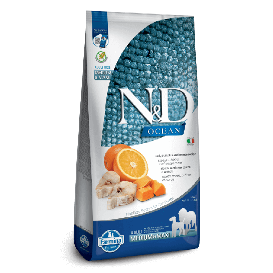N&D OCEAN DOG ADULT MED&MAXI - за кучета над 1г. средни/едри, с Риба Треска, тиква и портока, 12кг -  - Zoolink