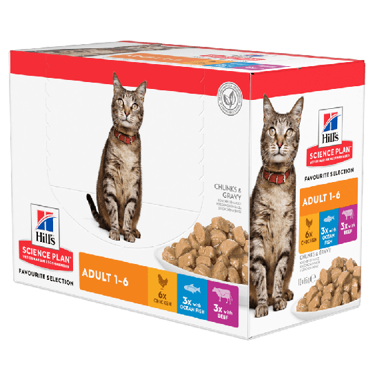 Hill's SP Feline Adult FAVOURITE SELECTION - в сос Грейви за котки над 1 г., Теле, Пиле, Риба 12х85г -  - Zoolink