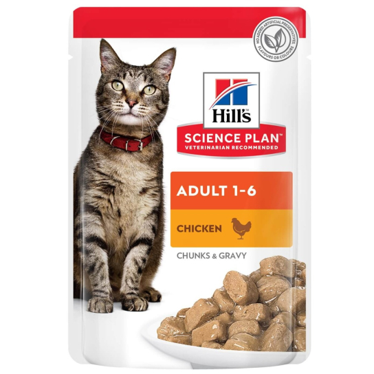 Hill's SP Feline Adult CHICKEN – малки късчета в сос Грейви за котки над 1 г., Пиле, пауч 12х85г - - Zoolink Hill's SP Feline Adult CHICKEN – малки късчета в сос Грейви за котки над 1 г., Пиле, пауч 12х85г - - Zoolink