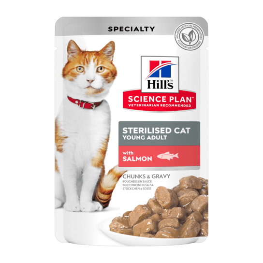 Hill's SP Feline Young Adult Sterilised Salmon - за кастрирани котки от 6м до 6г. Сьомга пауч 12х85г -  - Zoolink