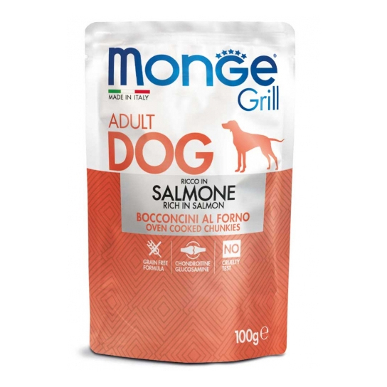 MONGE GRILL DOG ADULT - хапки за пораснали кучета, със Сьомга, пауч 100г - - Zoolink MONGE GRILL DOG ADULT - хапки за пораснали кучета, със Сьомга, пауч 100г - - Zoolink
