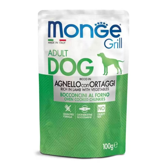 MONGE GRILL DOG ADULT- хапки за пораснали кучета, с Агнешко и зеленчуци, пауч 100г - - Zoolink MONGE GRILL DOG ADULT- хапки за пораснали кучета, с Агнешко и зеленчуци, пауч 100г - - Zoolink