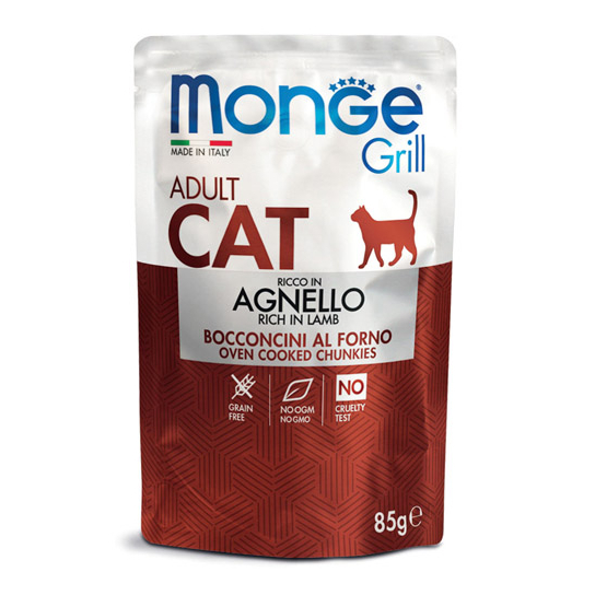 MONGE GRILL CAT ADULT – хапки за котки над 1г., с Агнешко, пауч 85г -  - Zoolink