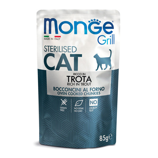 MONGE GRILL CAТ STERILISED - хапки за кастрирани котки над 1г., с Пъстърва, пауч 85г -  - Zoolink