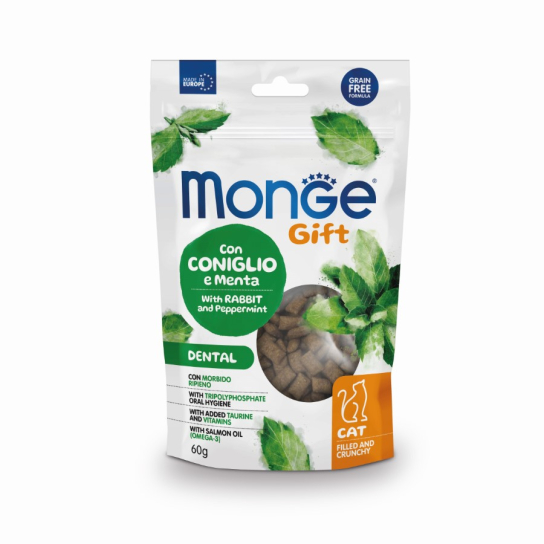 Monge Cat FILLED and CRUNCHY Dental - със заешко и мента /за дентална грижа/, 60гр. - - Zoolink Monge Cat FILLED and CRUNCHY Dental - със заешко и мента /за дентална грижа/, 60гр. - - Zoolink