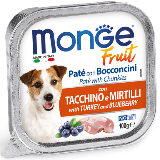 MONGE FRUIT DOG Turkey&Blueberries - пастет с хапки за кучета, Пуешко и Боровинка, терин 100г -  - Zoolink