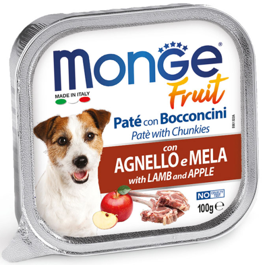 MONGE FRUIT DOG Lamb&Apples - пастет с хапки за кучета, Агнешко и Ябълка, терин 100г -  - Zoolink