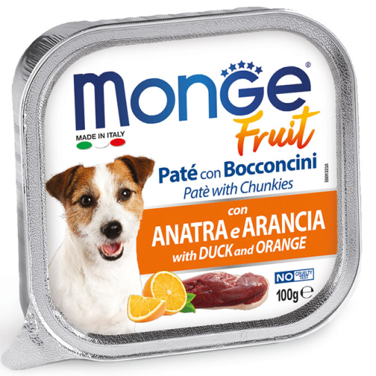 MONGE FRUIT DOG Duck&Oranges - пастет с хапки за кучета, Патешко и Портокал, терин 100г - - Zoolink MONGE FRUIT DOG Duck&Oranges - пастет с хапки за кучета, Патешко и Портокал, терин 100г - - Zoolink