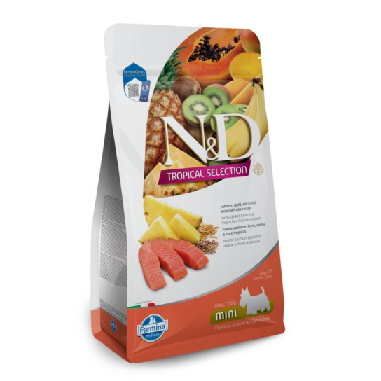 N&D DOG TROPICAL SALMON ADULT MINI - За кучета над 1г. и до 10кг, Сьомга, спелта, овес, плодове, 5кг -  - Zoolink