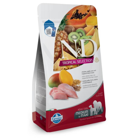 N&D DOG TROPICAL CHICKEN ADULT MED/MAX - за кучета над 1г., Пиле, спелта, овес, плодове, 10кг -  - Zoolink