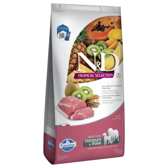 N&D DOG TROPICAL PORK ADULT MED/MAX - за кучета над 1 г., Свинско, спелта, овес, плодове, 10кг -  - Zoolink