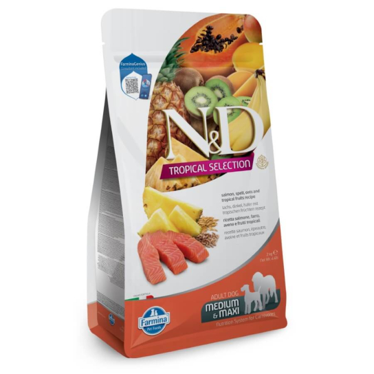 N&D DOG TROPICAL SALMON ADULT MED/MAX - за кучета над 1г., Сьомга, спелта, овес, плодове, 10кг -  - Zoolink