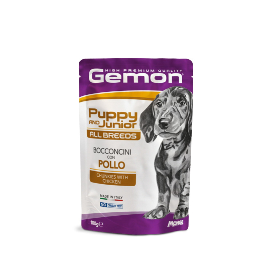 GEMON Junior chicken– за подрастващи кучета от всички породи с пилешко, пауч 100гр. -  - Zoolink