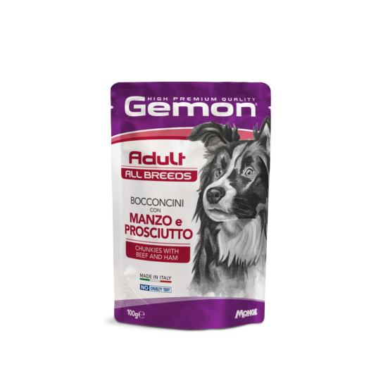GEMON Adult beef&ham– за кучета в зряла възраст с телешко и шунка, пауч 100гр. -  - Zoolink