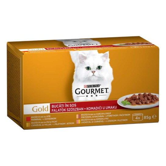 Purina Gourmet Gold за котки в зряла възраст, Хапки в сос, Асортимент, Мокра храна, Мултипак, 4х85g -  - Zoolink
