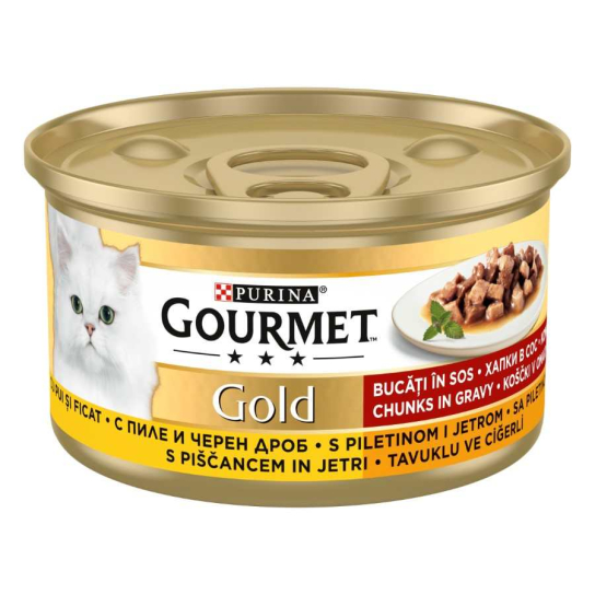 Purina Gourmet Gold за котки в зряла възраст, Хапки в Сос, Пиле и Дроб, Мокра храна, 85g -  - Zoolink