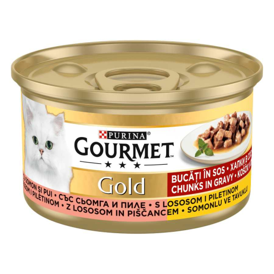 Purina Gourmet Gold за котки в зряла възраст, Хапки в сос, Пиле и Сьомга, Мокра храна, 85g -  - Zoolink
