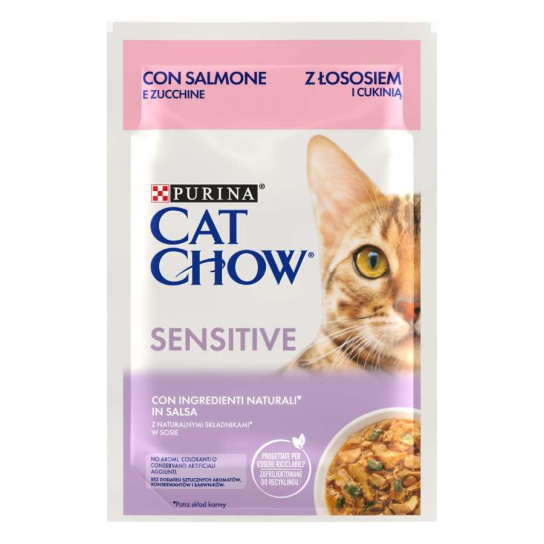 Purina Cat Chow SENSITIVE за котки с чувствителен стомах над 1 година със Сьомга и Тиква, 85g -  - Zoolink