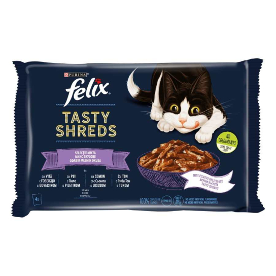 Purina Felix Tasty Shreds за котки в зряла възраст с Говеждо, Пиле, Сьомга и Риба тон, 4x80g -  - Zoolink
