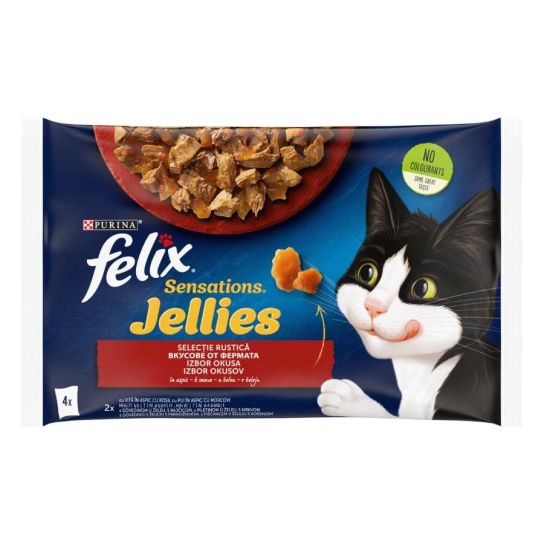 Purina Felix Sensations за котки в зряла възраст, Вкусове от фермата в желе, Мултиопаковка, 4х85g -  - Zoolink