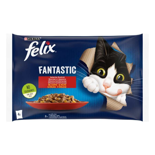 Purina Felix Fantastic за котки в зряла възраст, Вкусове от фермата в желе, Телешко и Пиле, 4х85g -  - Zoolink
