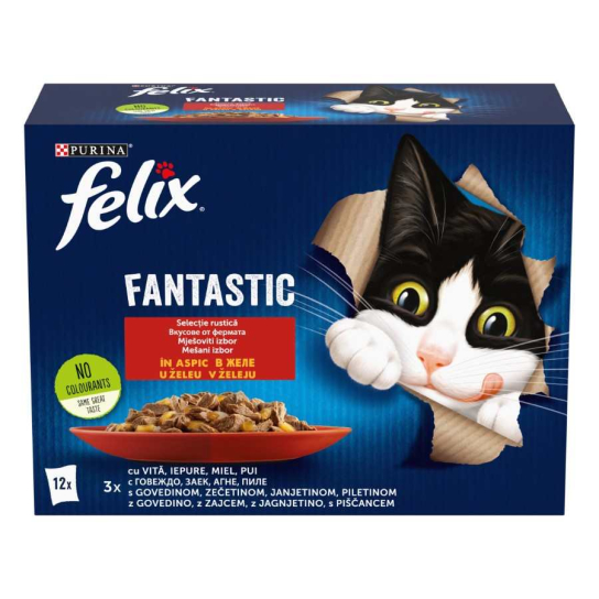 Purina Felix Fantastic за котки в зряла възраст, Вкусове от фермата, Мултиопаковка, 12х85g -  - Zoolink