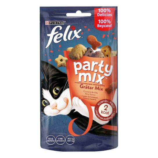 Purina Felix PARTY MIX Grill Mix допълваща храна, лакомство с аромат на Говеждо, Пиле и Сьомга, 60g -  - Zoolink