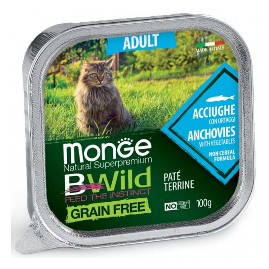 MONGE BWILD GRAIN FREE Adult Anchovy  – пастет за котки над 1г., аншоа и зеленчуци, терин 100гр. -  - Zoolink