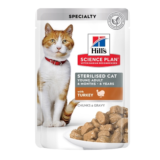 Hill's SP Feline Young Adult Sterilised Turkey - за кастрирани котки от 6м до 6г, пуйка пауч 12х85гр -  - Zoolink