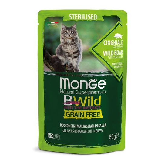 MONGE BWILD GRAIN FREE Sterilised Boar – хапки за кастрирани котки, глиганско, зеленчуци, пауч 85гр. -  - Zoolink