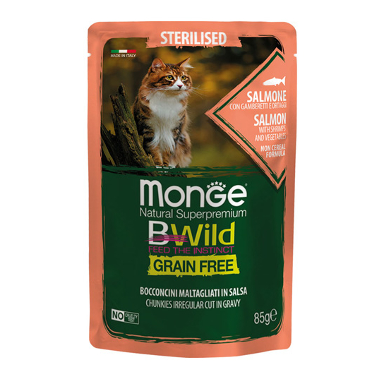 MONGE BWILD GRAIN FREE Sterilised Salmon -  хапки за кастрирани котки, сьомга, скариди, пауч 85гр. -  - Zoolink