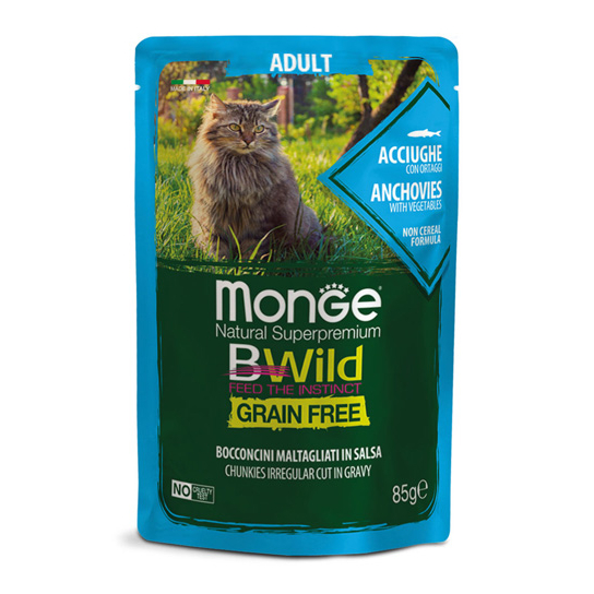 MONGE BWILD GRAIN FREE Adult Anchovy  – хапки за котки над 1г., аншоа, зеленчуци, пауч 85гр. -  - Zoolink