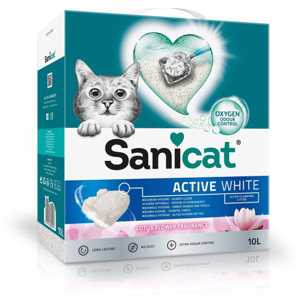 SANICAT ACTIVE WHITE LOTUS котешка тоалетна - висококачествен бял бентонит, аромат лотус, 10л main product photo