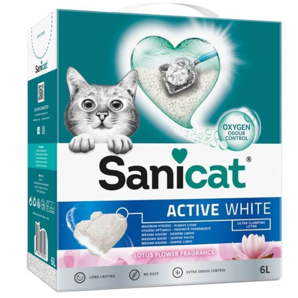 SANICAT ACTIVE WHITE LOTUS котешка тоалетна - висококачествен бял бентонит, аромат лотус, 6л main product photo