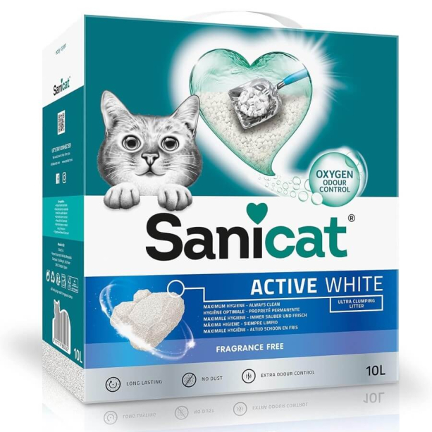 SANICAT ACTIVE WHITE NATURAL котешка тоалетна - висококачествен бял бентонит, нeароматизиран, 10л main product photo