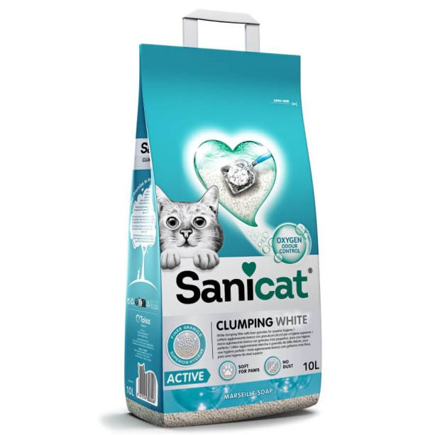 SANICAT CLUMPING WHITE ACTIVE котешка тоалетна - бял натурален бентонит, ароматизиран, 10л main product photo