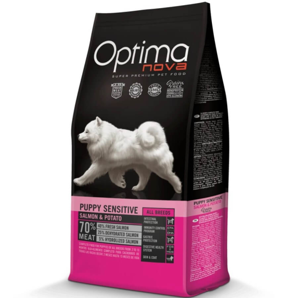 OPTIMA NOVA PUPPY SENSITIVE SALMON&POTATO - подрастващи кученца, Сьомга и картоф,12кг main product photo