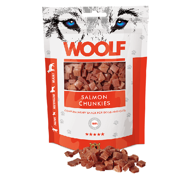 WOOLF SALMON CHUNKIES - лакомство за куче и котка, на парченца, Сьомга, 100г main product photo