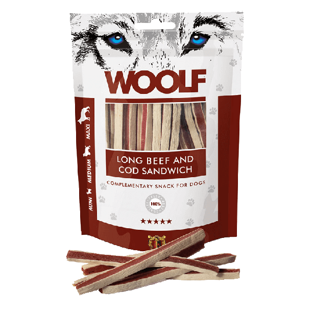 WOOLF лакомство за куче - сандвич ленти с говеждо и треска, 100г main product photo