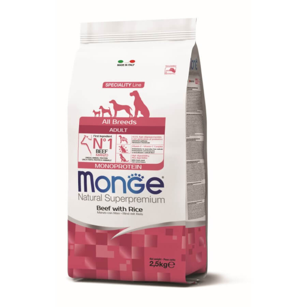 MONGE NS MONOPROTEIN DOG ADULT ALL BREEDS - за зрели кучета, Телешко и ориз, 2.5кг main product photo