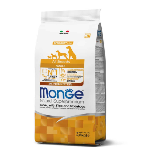 MONGE NS MONOPROTEIN DOG ADULT ALL BREEDS - за зрели кучета, Пуйка, ориз и картофи, 2.5кг main product photo
