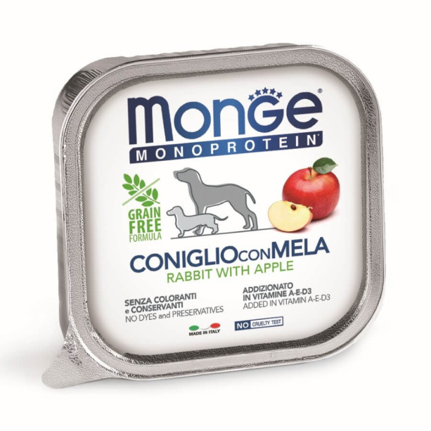 MONGE MONOPROTEIN DOG GRAIN FREE fruit - пастет за кучета, със Заек и Ябълки, терин 150г main product photo